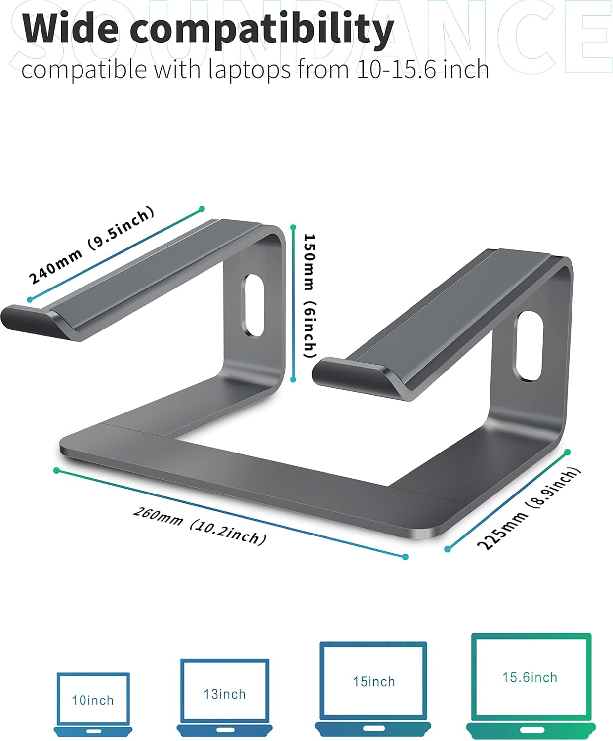 SOUNDANCE Laptop Stand, Aluminum Computer Riser, Ergonomic Laptops Elevator for Desk, Metal Holder Compatible with 10 to 15.6 Inches Notebook Computer, Silver