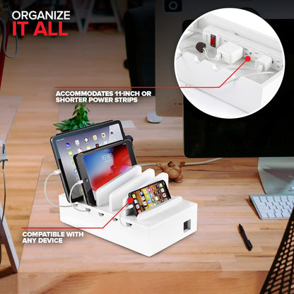 Modern Innovations Bamboo Charging Station for Multiple Devices (White) Wood Device Organizer, Desk Docking Stand for Cell-Phone Charger, Compatible with Apple, Android, iPad, iPhone, Tablet, Laptop