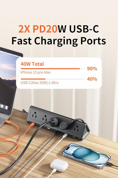 6.5 FT Desk Clamp Power Strip with 5 AC Outlets & 6 USB Ports PD 40W USB-C Fast Charging, 1250J Surge Protector, Fits 2.1 in top Edge Black