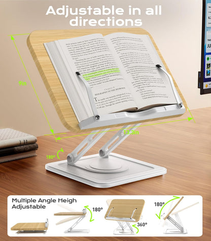 Book Stand for Reading, Adjustable Book Holder with 360°Rotating Bases, Ergonomic Cookbook Stand Recipe Book Holder with Elastic Page Clips for Magazines, Tablets, Laptops,Black