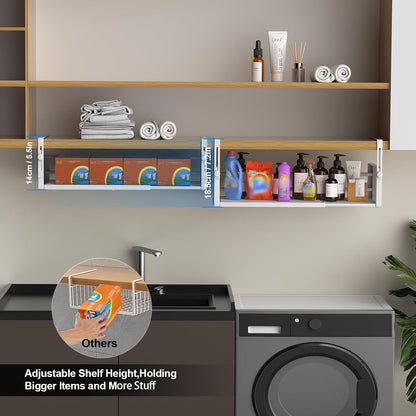 AmonHouseware 2Pack Under Shelf Basket, Adjustable Hanging Under Cabinet Shelf Storage, Hanging Holder Length Stretchable 14.9-22.6Inch for Kitchen Pantry Desk Counter Bookshelf Cupboard (Black)