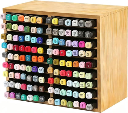 126 Bamboo Marker Organizer, Desktop Storage Hold 126 Markers, 18 Compartments Marker Storage for Home, Classroom, Office, Pen Pencil Holder Desk Art Supply Organizer
