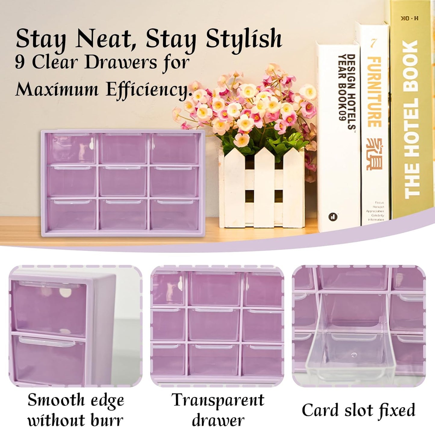 Small Drawer Organizer for Desk, 7.1" x 3.8" x 4.6" Mini Desktop Drawer Organizer with 9 Clear Drawers, Compact Craft & Office Supplies Organizer for Home School (Pink)