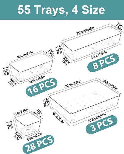 Clear Plastic Drawer Organizers Set of 45 Vanity trays Stackable Storage Bins Dividers Bathroom Organiser Storage Vanity Bins for Makeup, Kitchen Utensils, Jewelries, Office