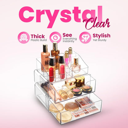Masirs Clear Makeup Organizer - 16-Compartment Cosmetic and Jewelry Holder with 4 Drawers - Vanity Storage Box for Makeup, Skincare, Accessories, and Jewelry Display