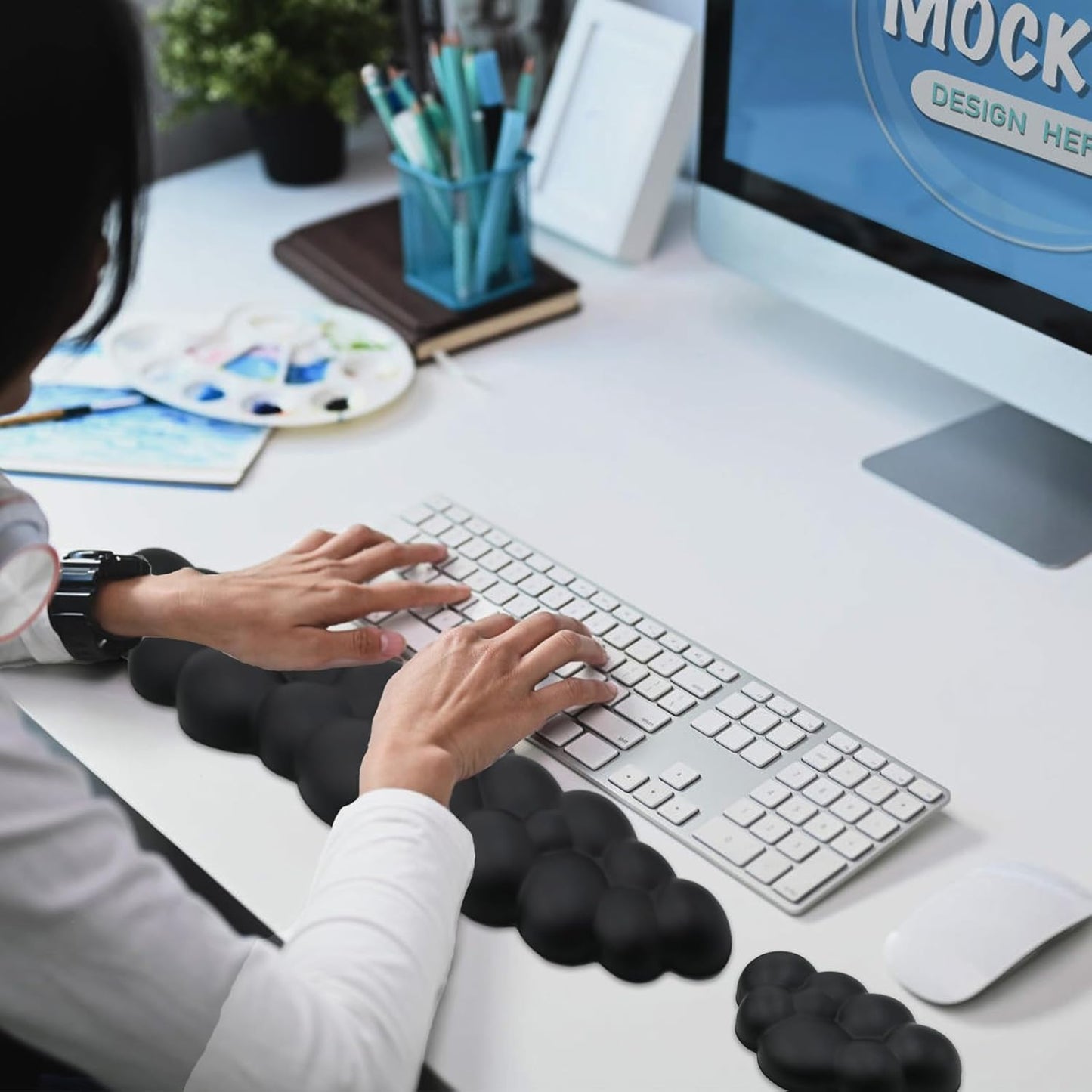 Ergonomic Keyboard Wrist Rest, PU Leather Memory Foam Cloud Wrist Rest for Computer Keyboard, Mouse Wrist Rest and Keyboard Pad for Gaming, Office, Computer, Laptop, Typing Pain Relief, Pastel Pink