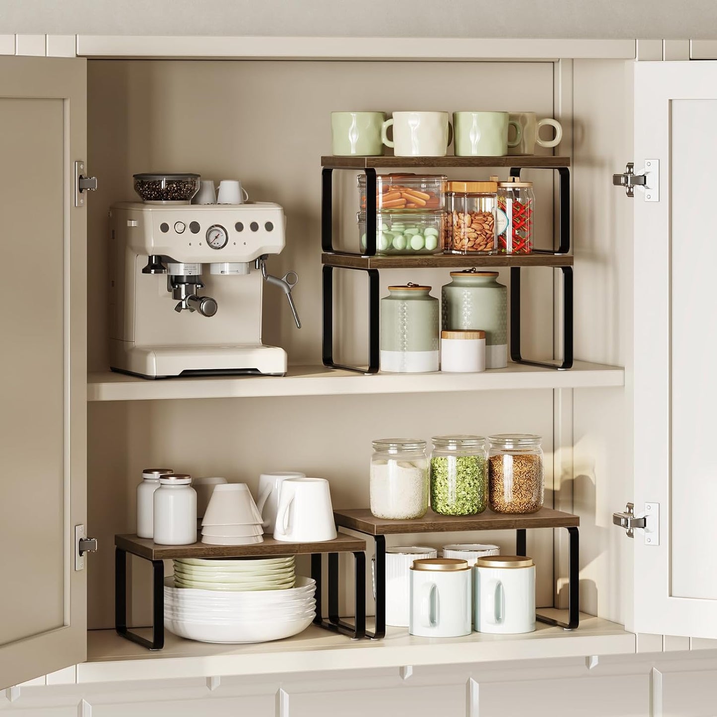 HOOBRO Cabinet Organizer Shelf, Set of 2 Kitchen Counter Shelves, Expandable Kitchen Storage, Stackable Bamboo Spice Rack, for Kitchen, Countertop, Office Desk, Bathroom, Natural and White YW30TL01