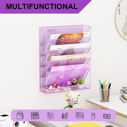Wall File Organizer Holder Mesh Hanging Paper Document Holder,Vertical 6 Pocket Tier for Office Home, Black