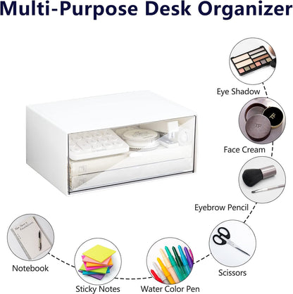 Desk Organizer with Drawers Stackable Storage Drawers, Plastic Compact Desk Storage Box Great for Office School Home Small Space- 1drawers (White)