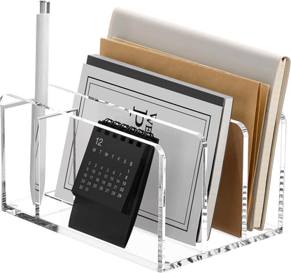 SANRUI Acrylic Mail Sorter Desktop Organizer Holder, 2 Compartments Clear Small File Script Letter Office Document Storage for Desk Bill Filling Envelope Holder Office, Home, School Desk Organization