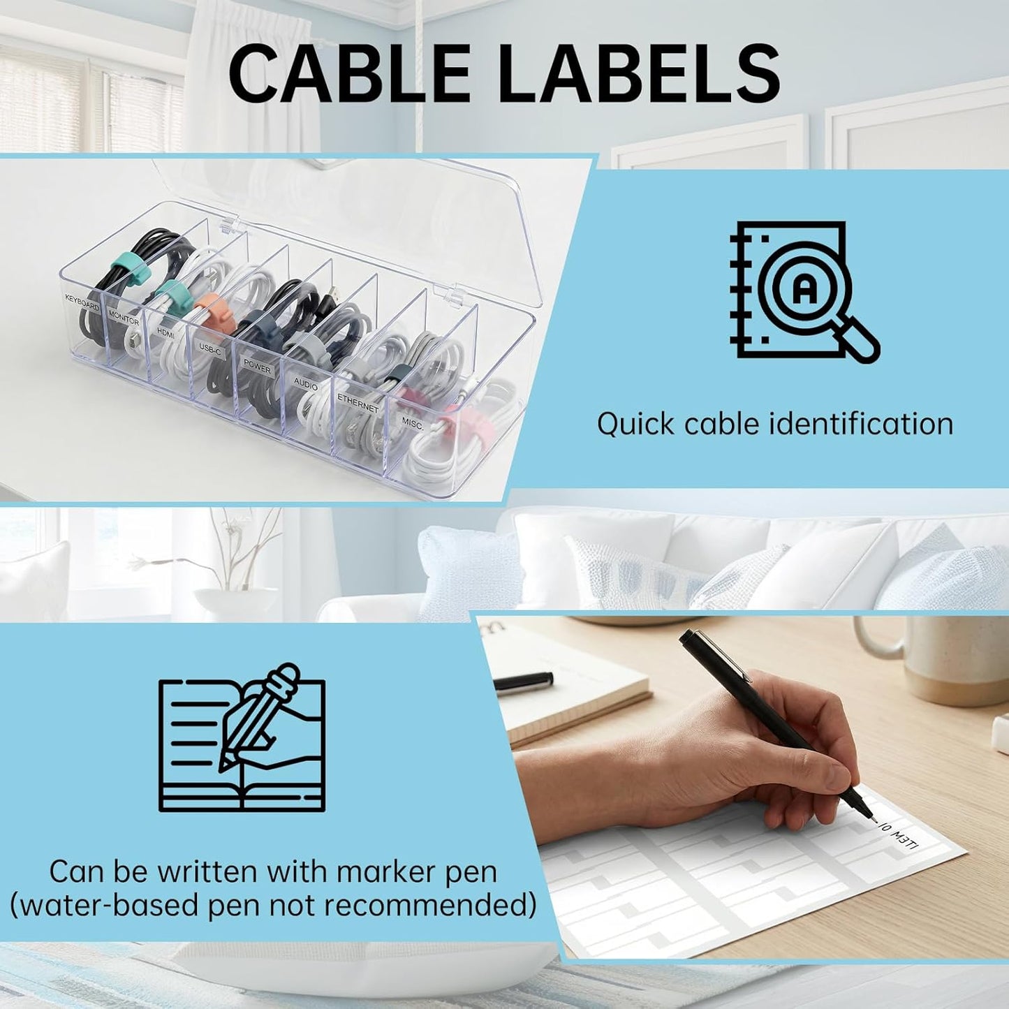 3 Pack Cable Organizer Box with Silicone Straps, Plastic Cord Management Box with Lid for Desk Home Office and Electronics Accessories Storage