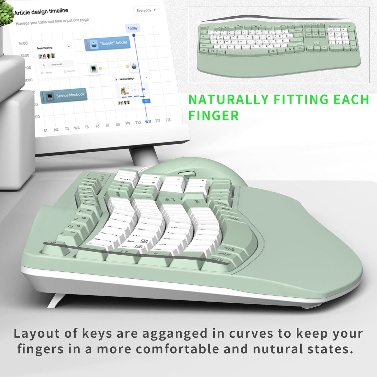 Wireless Keyboard and Mouse Combo,2.4G Full Size Wave Keys Ergonomic Keyboard with Wrist Rest for Natural Typing, 3 DPI Adjustable Ergonomic Silent Mouse for Computer/Laptop/Windows/Mac (Gray)