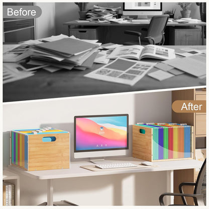Sbanmao Clear Acrylic File Box Organizer, Bamboo Hanging Folder Storage Boxes, Filing Crate Bin Holder with Handle for Home Office Desk, Letter Size