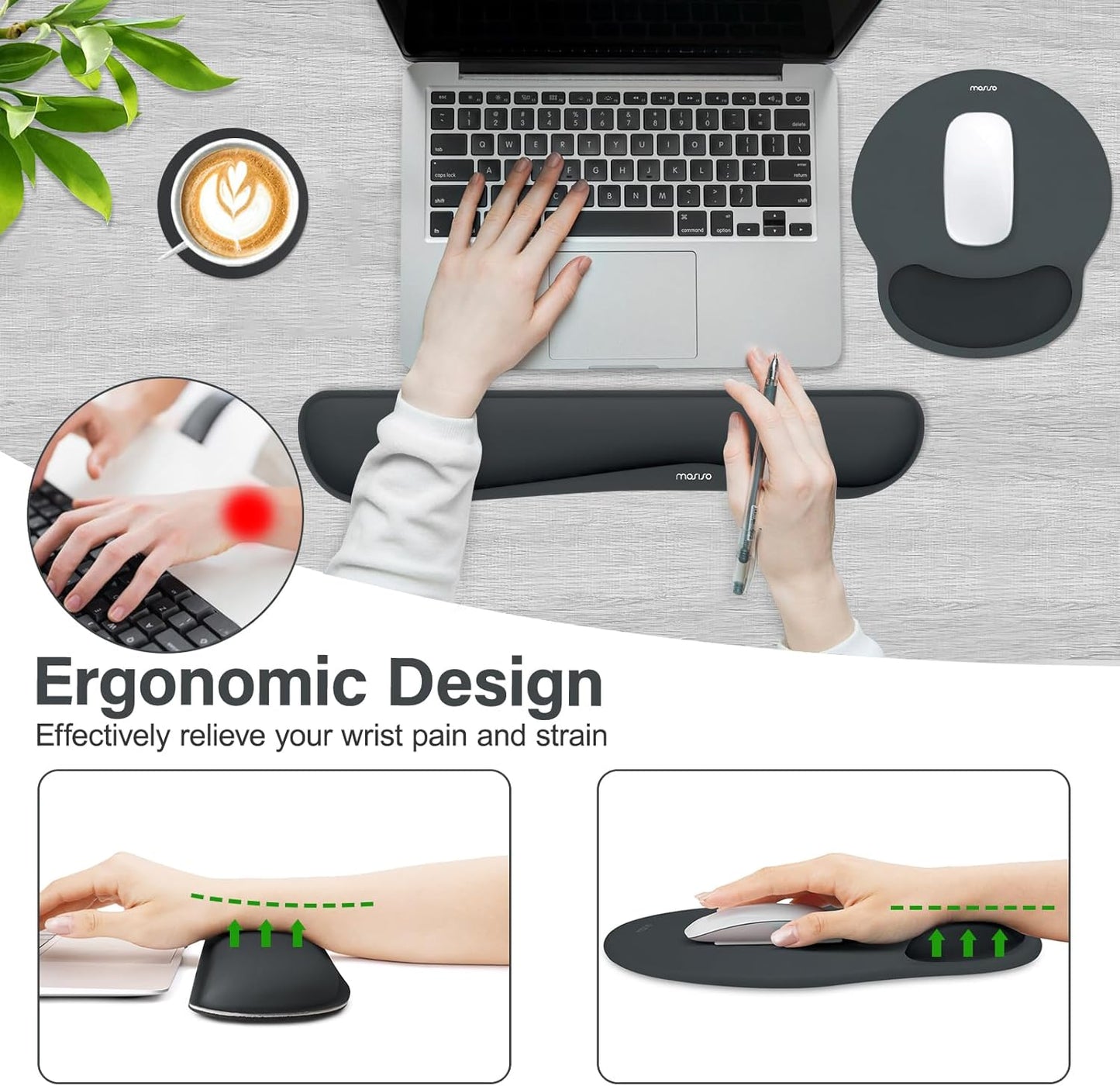 MOSISO Wrist Rest Support for Mouse Pad&Keyboard Set, Streamline Ergonomic Mousepad&Coaster Non-Slip Base Home/Office Pain Relief&Easy Typing Pad with Soft Cloth&Silicone Lining, Antique Green