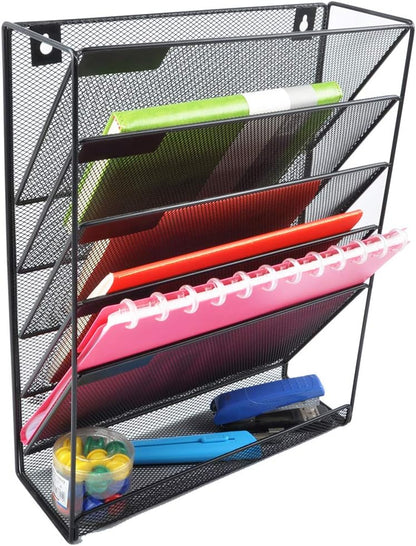 EASEPRES Desk File Organizer Mesh 6-Tier, Hanging Wall Mount Document Organization Stand, Desktop Vertical Mail Paper Folder Holder Rack with Bottom Tray for Office Home Cubicle Countertop, Black