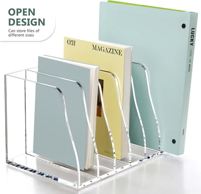 SANRUI Acrylic Magazine Holder Desk Organizer Workspace Sorters，Clear Bookend File Sorter Holder，Folder Rack, Office Accessories Organization Storage with 3 Vertical Compartments