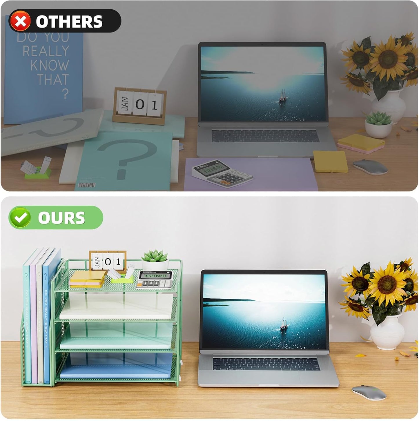 Marbrasse Desk Organizer and Accessories，4-Tier Paper Letter Tray Organizer with File Holder，Desk Accessories & Workspace Desktop Organizers for School Home Office Supplies (Blue)