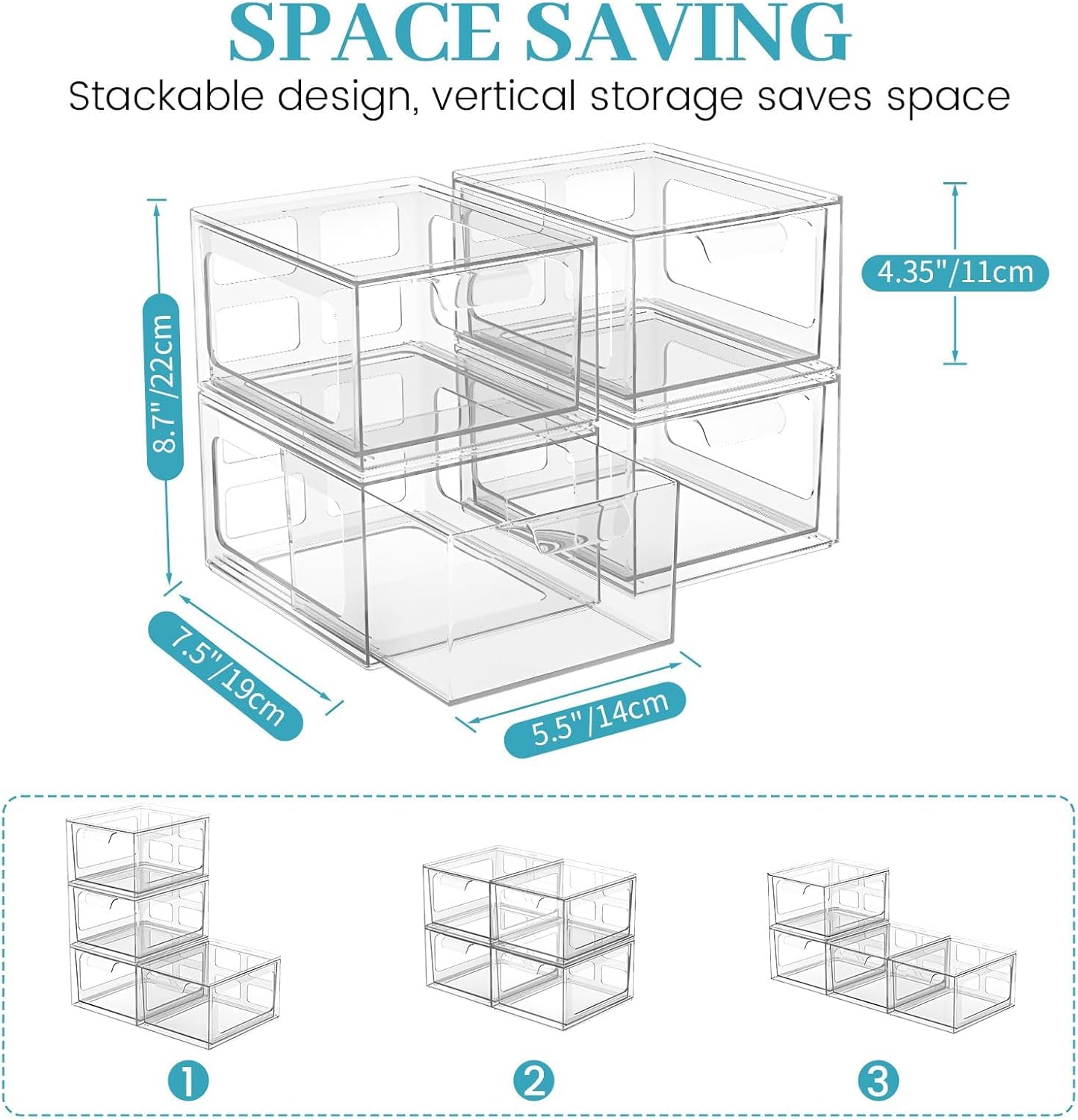 SpaceHacks 4 Pack Stackable Plastic Makeup Organizer Drawers, Acrylic Organizers, Clear Storage Bins with Pull-Out Handles for Vanity, Kitchen Cabinets, Pantry