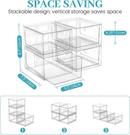 SpaceHacks 4 Pack Stackable Plastic Makeup Organizer Drawers, Acrylic Organizers, Clear Storage Bins with Pull-Out Handles for Vanity, Kitchen Cabinets, Pantry