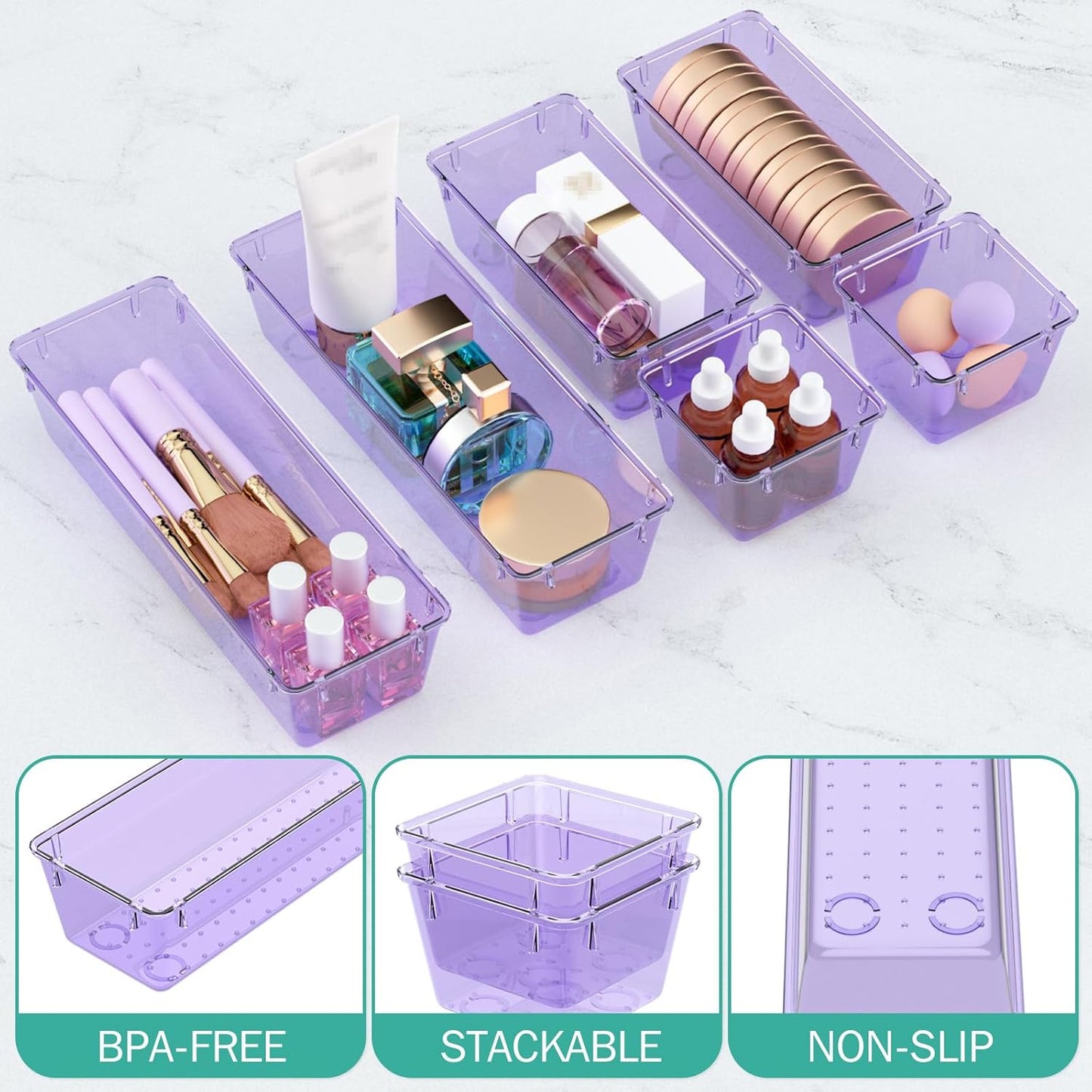 WOWBOX 6 Pack Clear Drawer Organizer Set, Acrylic Drawer Storage Trays, Storage Bins for Makeup, Cosmetics, Jewelries, Utensils, Gadgets, Office