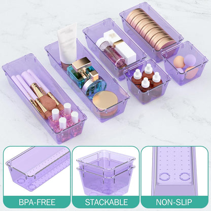 WOWBOX 6 Pack Clear Drawer Organizer Set, Acrylic Drawer Storage Trays, Storage Bins for Makeup, Cosmetics, Jewelries, Utensils, Gadgets, Office