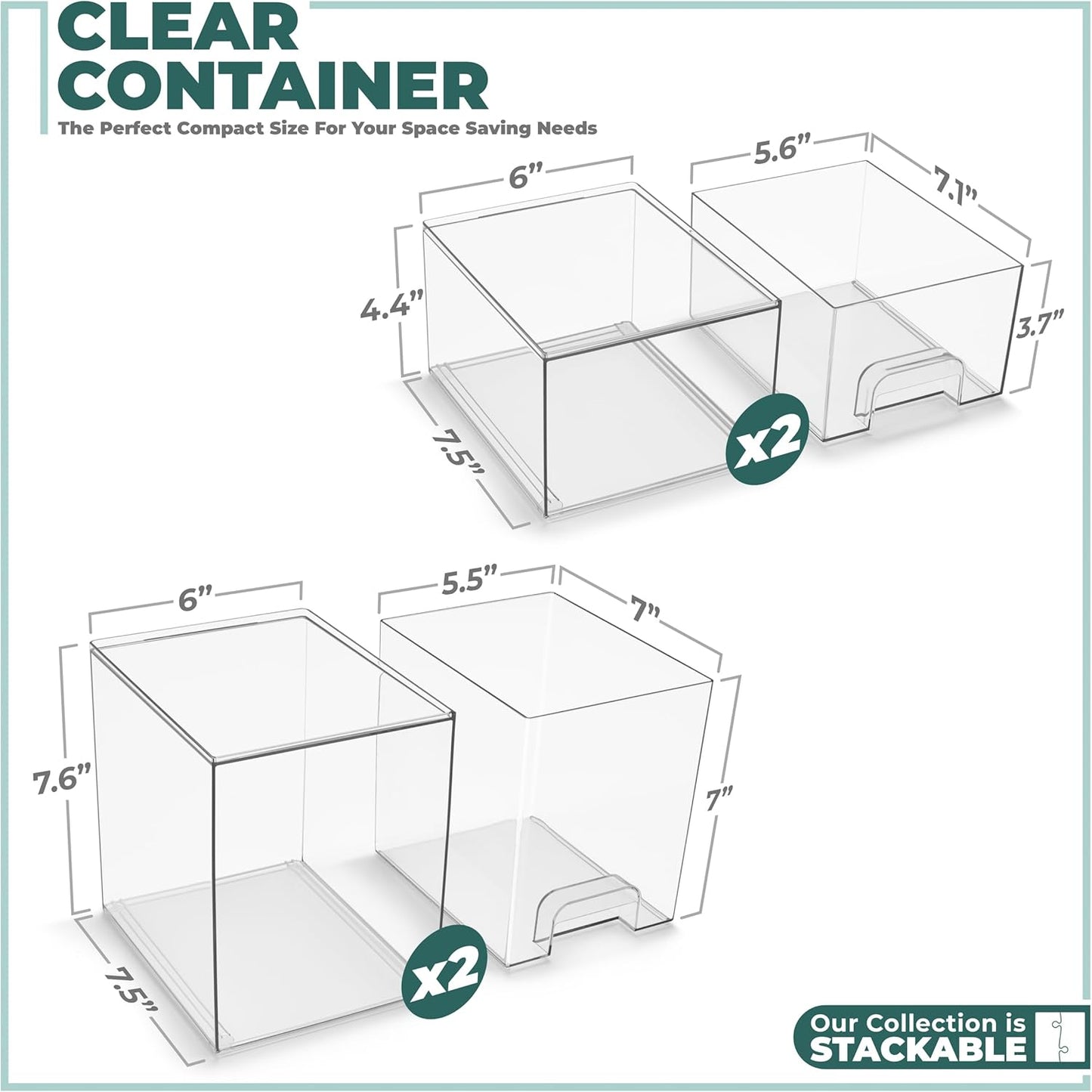 Sorbus Acrylic Storage Containers - 2 Pack, Stackable Storage Bins Set for Bathroom Organization - Clear Acrylic Drawer Organizers - Makeup Case Pull-Out Drawers (7.6’’ Tall)