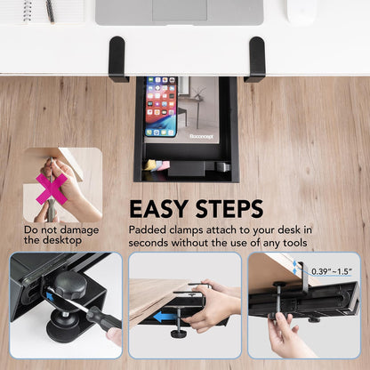 EHO Under Desk Slide-Out Storage Drawer, Small 11.7"x8.2" Pull-Out Organizer with Smooth Sliding Rail, Adjustable C-Clamp Mount, Black Tray for Home Office & Standing Desk