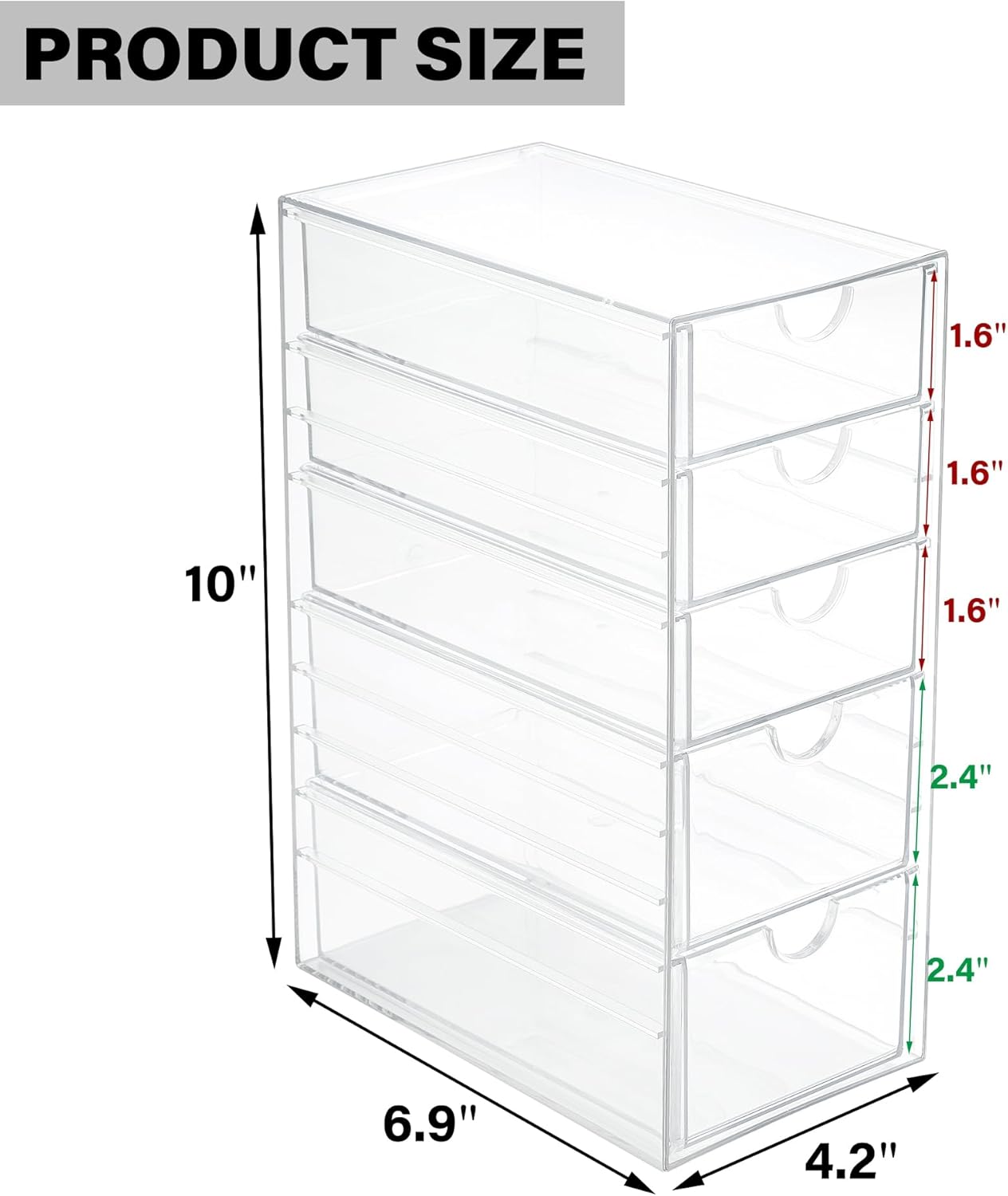 Prsildan Acrylic Makeup Organizer, 2 Pack Stackable Storage Drawers with 6 Drawers for Office Desk Vanity Craft Room Clear Drawer Organizers for Hair Accessories Art Supplies Cosmetics Modular System