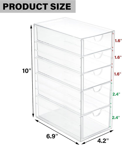 Prsildan Acrylic Makeup Organizer, 2 Pack Stackable Storage Drawers with 6 Drawers for Office Desk Vanity Craft Room Clear Drawer Organizers for Hair Accessories Art Supplies Cosmetics Modular System