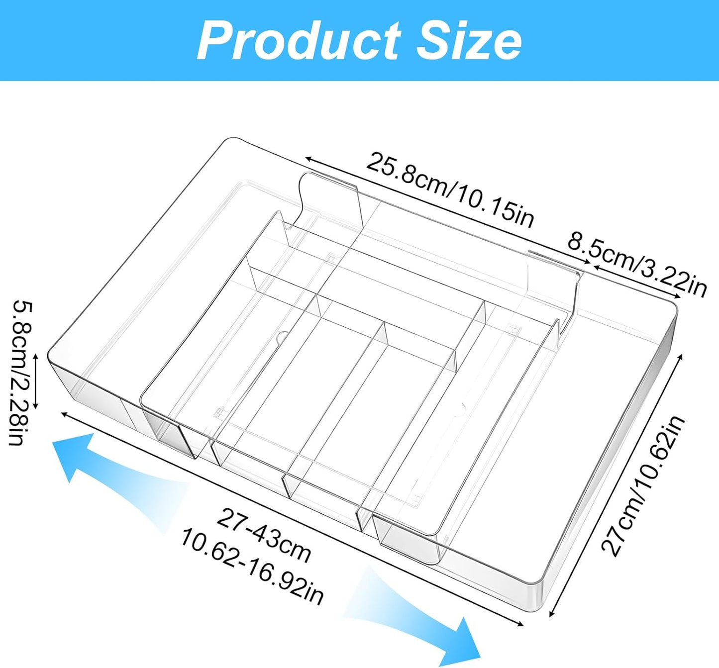 Expandable Acrylic Drawer Organizer, Clear Desk Drawer Organizers Tray with 8 Adjustable Compartments Multifunctional Desk Accessories for Vanity, Office, Kitchen, Bathroom