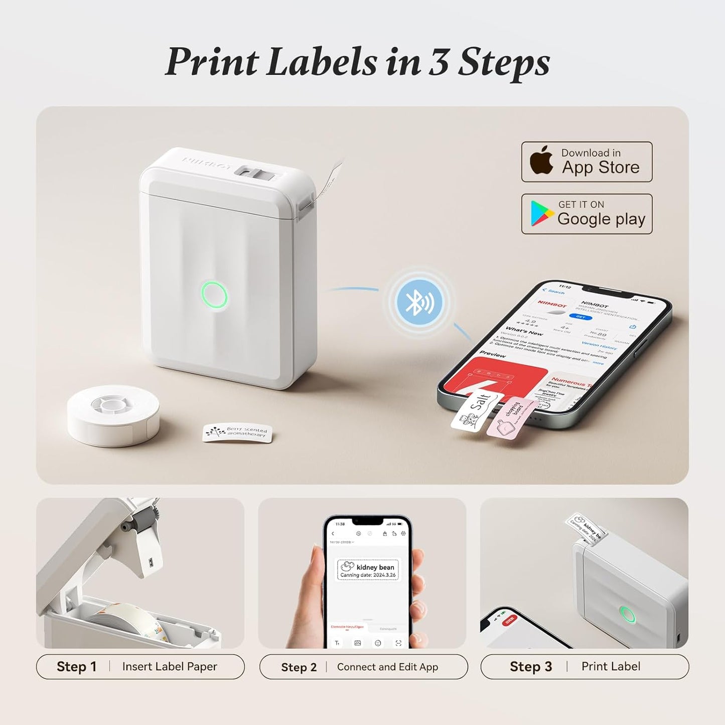NIIMBOT Label Maker Machine Bluetooth Label Printer for School Home Office Organization, Wireless Mini Labeler D110 Upgraded Version, Label Machine with 1 Label Tape, White