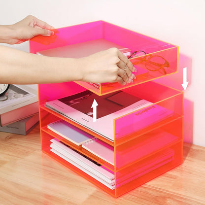Gelite Acrylic File Organizer for Desk 4 Tiered Stackable Letter Tray Office Paper Storage Desktop Document Sorter, Neon Pink