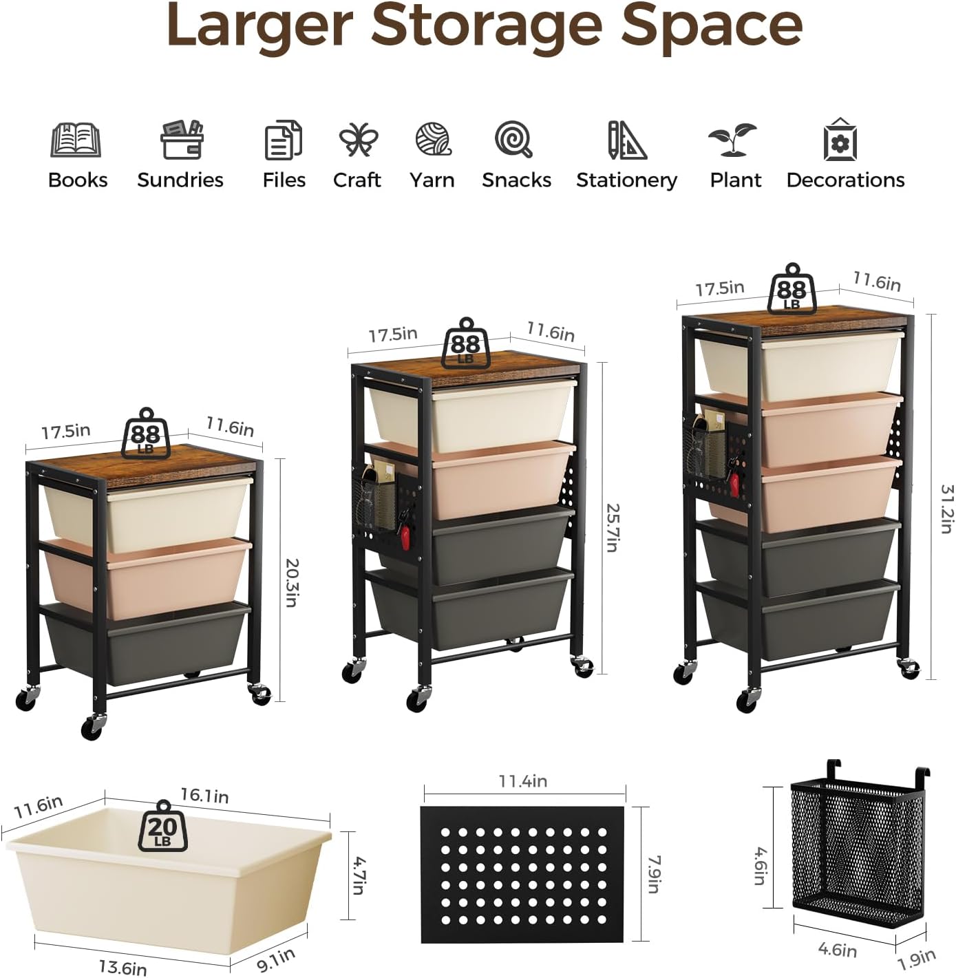 Rolling Cart with 3 Drawers, Plastic Drawer Storage Carts with Lockable Wheels & Wooden Tabletop, Metal Utility Cart Organizer, Office Bedroom Classroom Craft Organization and Storage, Bright White