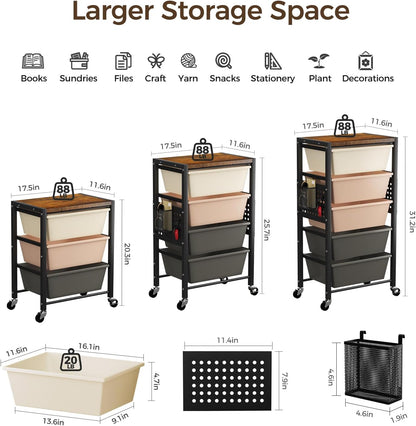 Rolling Cart with 3 Drawers, Plastic Drawer Storage Carts with Lockable Wheels & Wooden Tabletop, Metal Utility Cart Organizer, Office Bedroom Classroom Craft Organization and Storage, Bright White