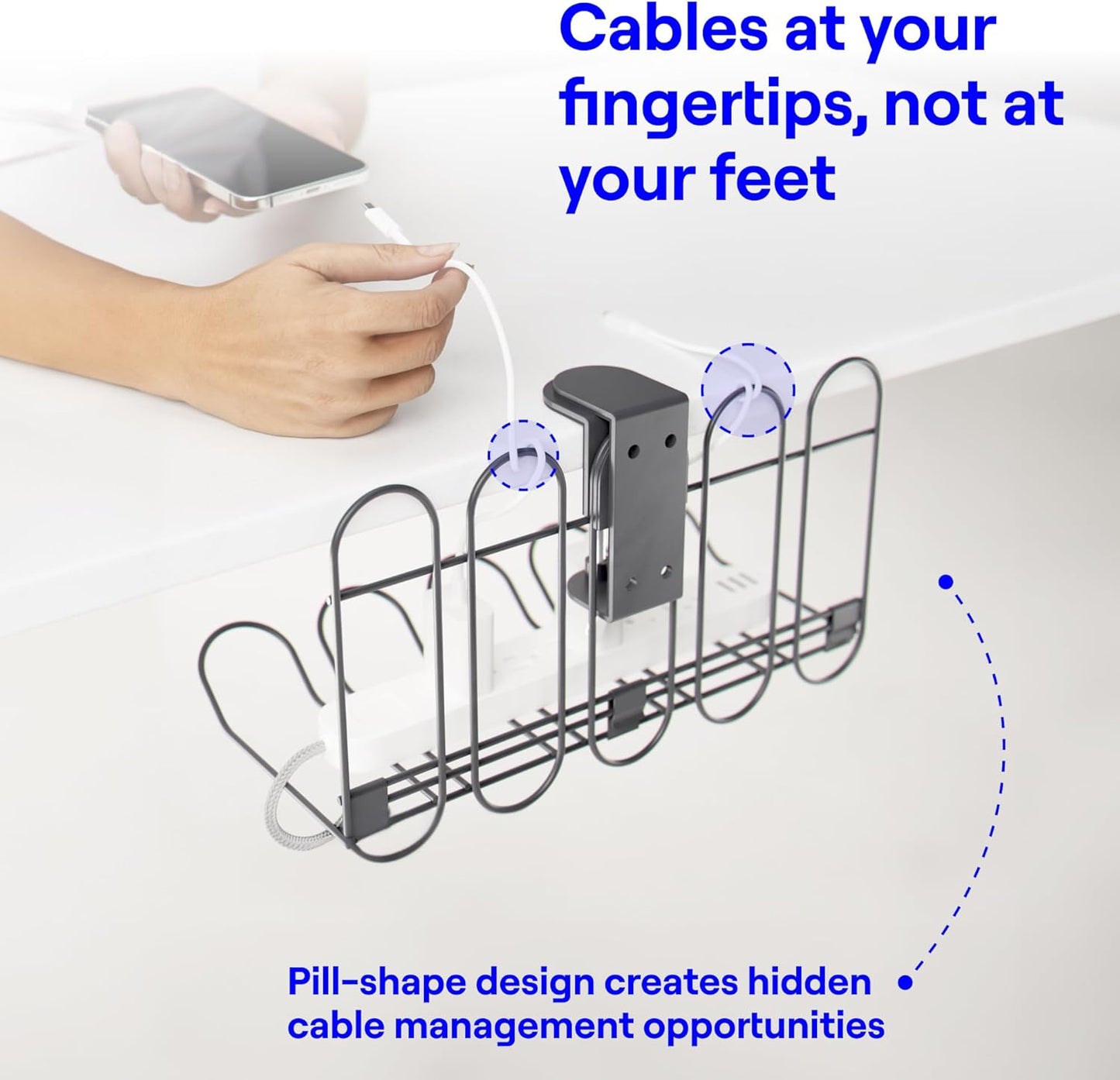CarryUp Under Desk Cable Tray, No Drill Wire Management Clamp, Computer Cord Organizer, Cable Hider & Holder, Cord Keepers for Home Office Organization, Powder Coated Metal, Easy Install - Grey