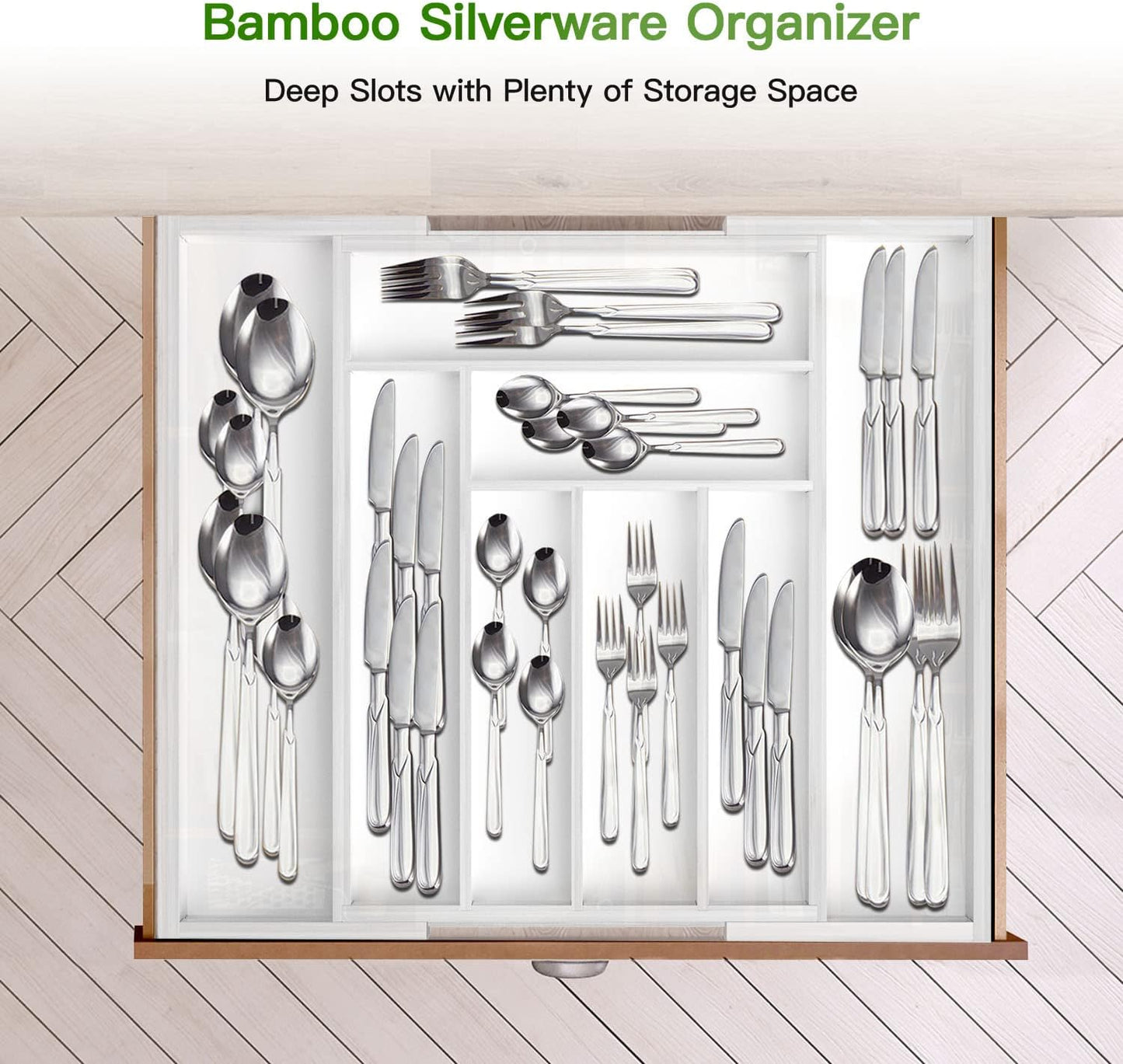 Pipishell Bamboo Expandable Silverware Drawer Organizer, Adjustable Kitchen Utensil Tray for Forks, Spoons and Knives, Wood Storage Cutlery Holder for Bedroom and Living Room