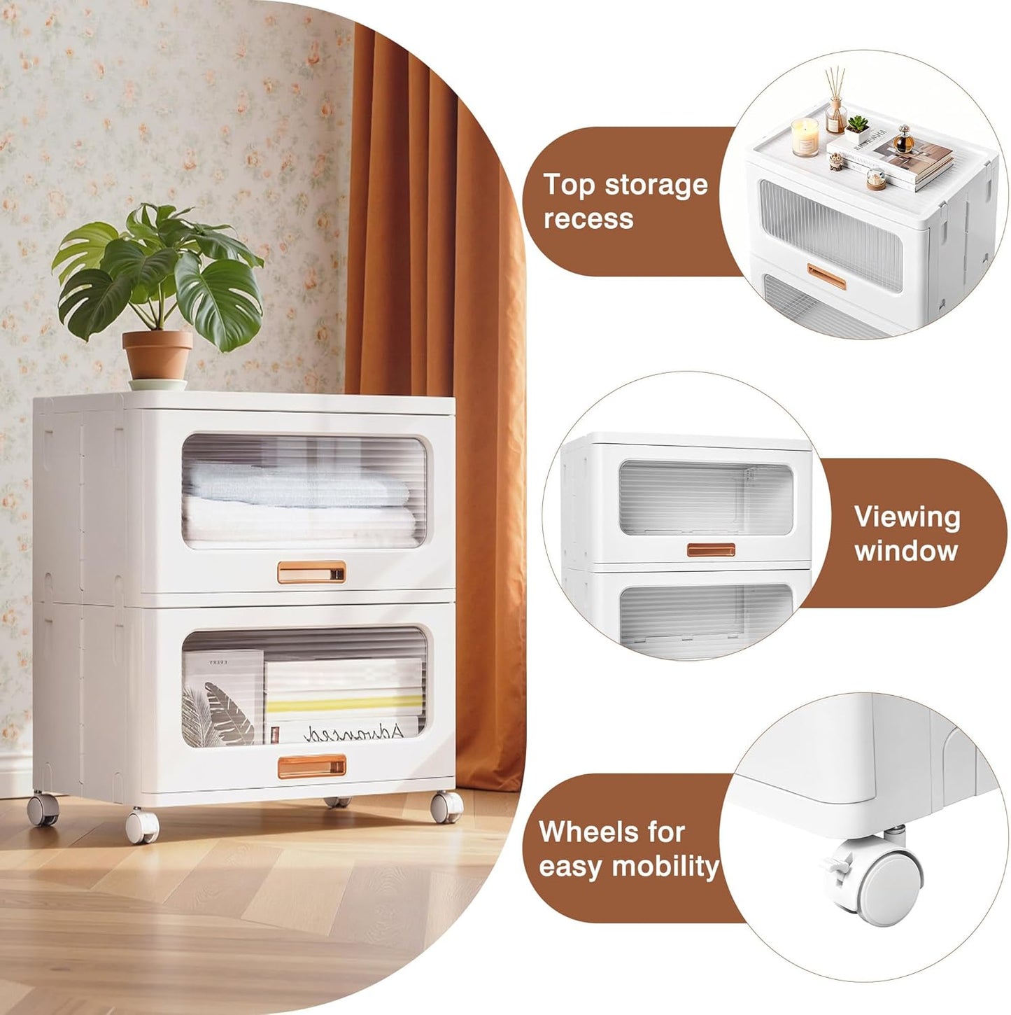 VECELO Plastic Storage Cabinet with Drawers, Stackable Storage Bins with Wheels, Waterproof Bathroom Storage Organizer, Multi-Tier Closet Storage for Bedroom, Living Room, Kitchen, Large 2-Tier