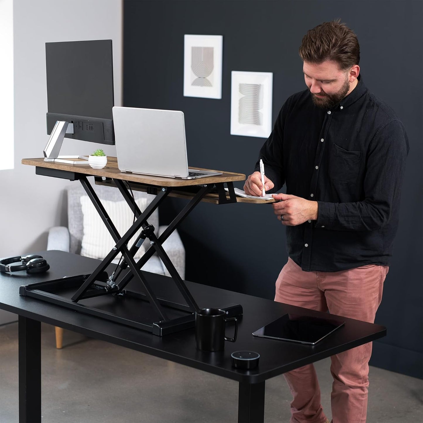 VIVO 26 inch Desk Converter, K Series, Height Adjustable Sit to Stand Riser, Dual Monitor and Laptop Workstation with Keyboard Tray, Black, DESK-V026KB