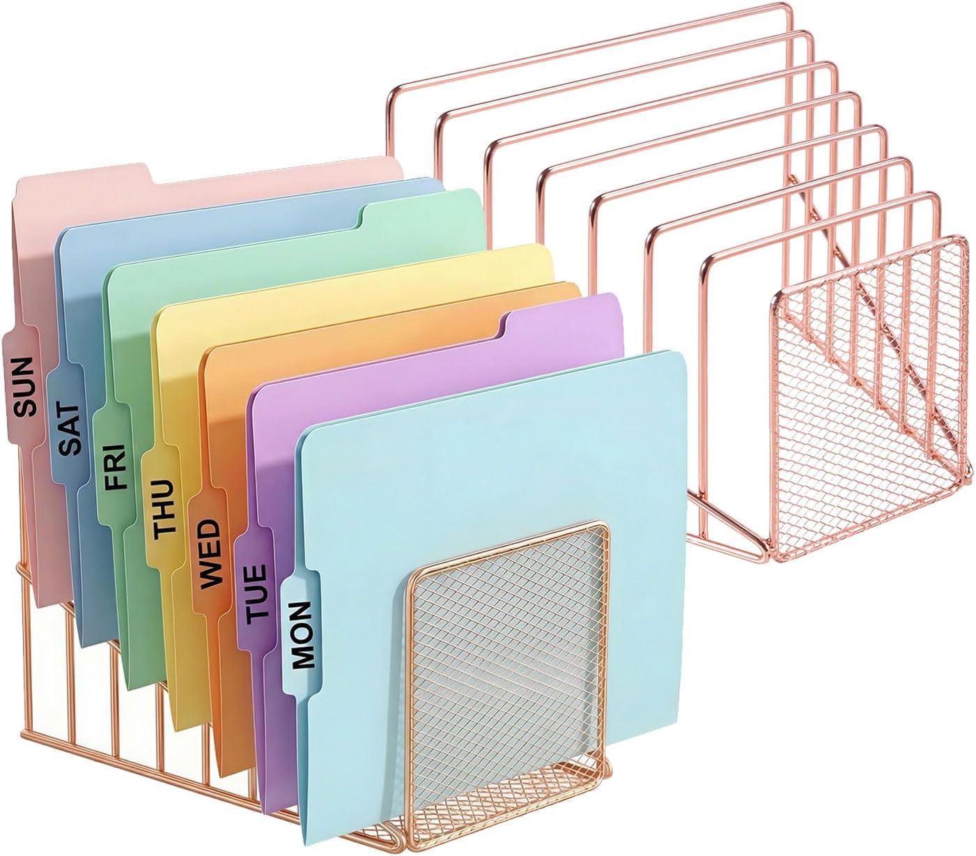 Simmer Stone Rose Gold Desk Organizer 7 Slot Inclined Vertical File Folder Holder Sorter with Mesh Front – Metal Wire Rack for Mail, Slim Binders, Books Office Organization & Desktop Accessories