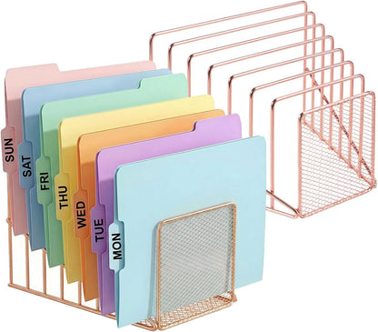 Simmer Stone Rose Gold Desk Organizer 7 Slot Inclined Vertical File Folder Holder Sorter with Mesh Front – Metal Wire Rack for Mail, Slim Binders, Books Office Organization & Desktop Accessories