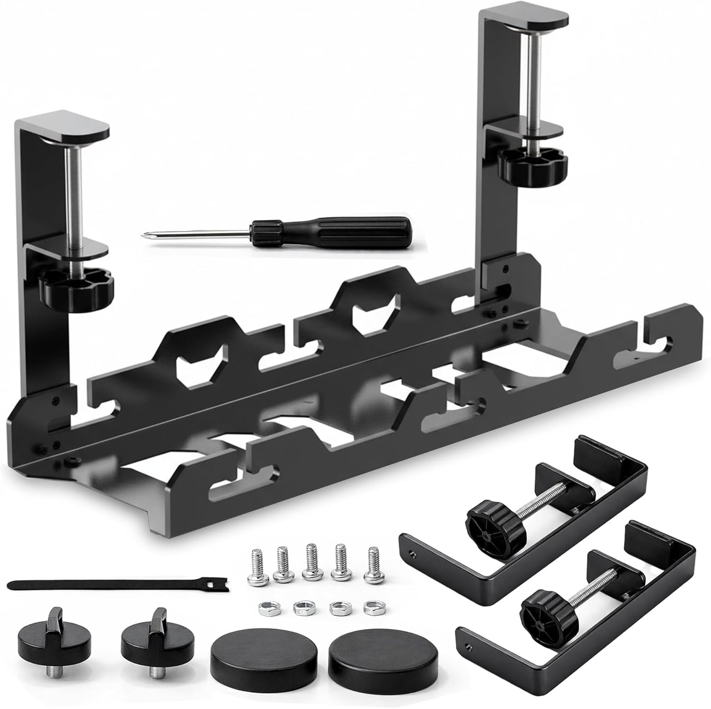 17'' Super Sturdy Cable Tray Under Desk Cord Organizer Standing Desk Cable Management System Large Power Strip Holder Cord Basket With Clamp for Wire Management Rack Office, Home, No Drill & Damage