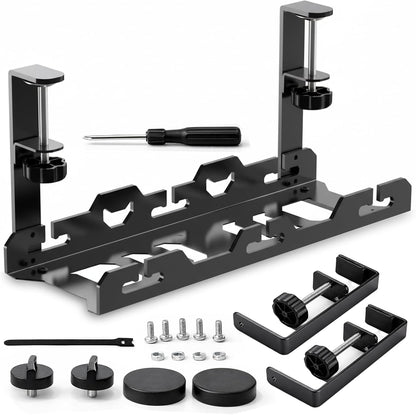 17'' Super Sturdy Cable Tray Under Desk Cord Organizer Standing Desk Cable Management System Large Power Strip Holder Cord Basket With Clamp for Wire Management Rack Office, Home, No Drill & Damage