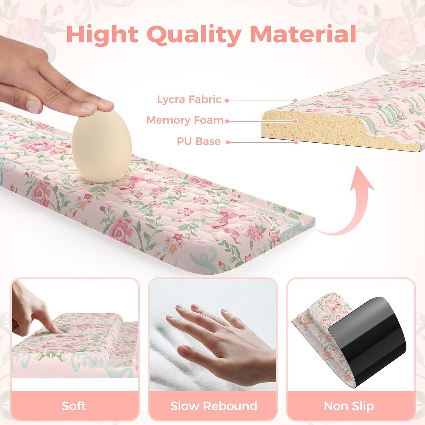 2 in 1 Keyboard Stand for Desktop, Floral Wrist Support for Keyboards, Anti-Fatigue Memory Foam Wrist Rest for Computer, 3-Angle Adjustable Keyboard Riser for Office Home (Pink Bow)