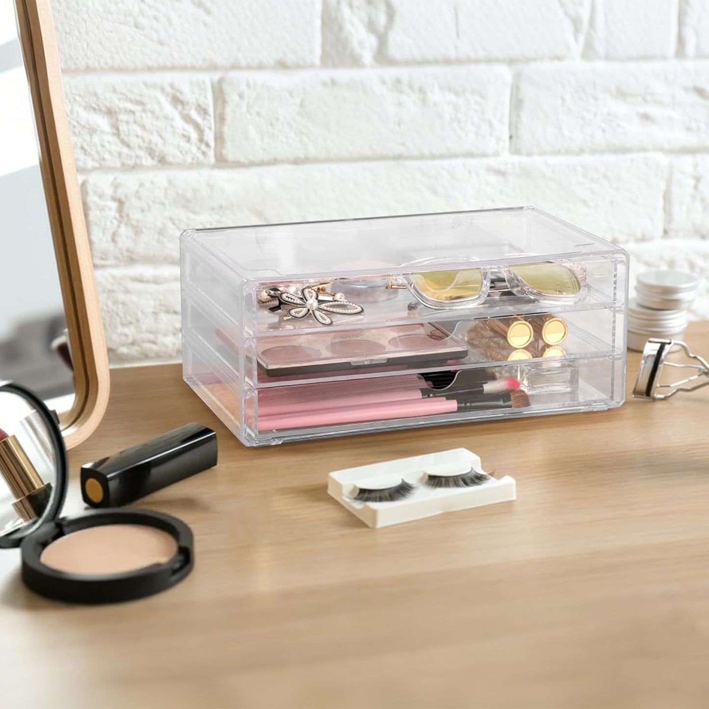 BTSKY Clear Acrylic Drawer Organizer, Stackable Container with 2 Narrow + 1 Large Drawers, Desk Organizer for Stationery Study Essentials Makeup Jewelry, Multipurpose Storage Box for Office and Home