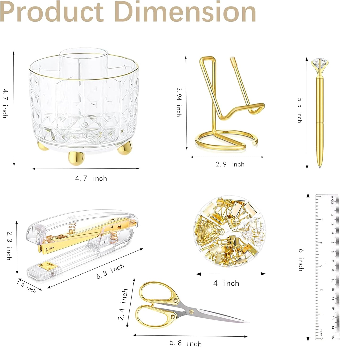 Gold Desk Accessories, Office Desk Organizers and Accessories 360°Pen Holder Acrylic Stapler Set, Phone Holder, Ballpoint Pen, Scissor, Binder Clips, Ruler, Transparent Glue, Sticky Note and Staples.