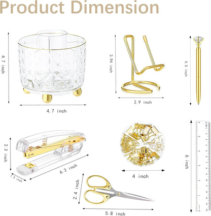 Gold Desk Accessories, Office Desk Organizers and Accessories 360°Pen Holder Acrylic Stapler Set, Phone Holder, Ballpoint Pen, Scissor, Binder Clips, Ruler, Transparent Glue, Sticky Note and Staples.