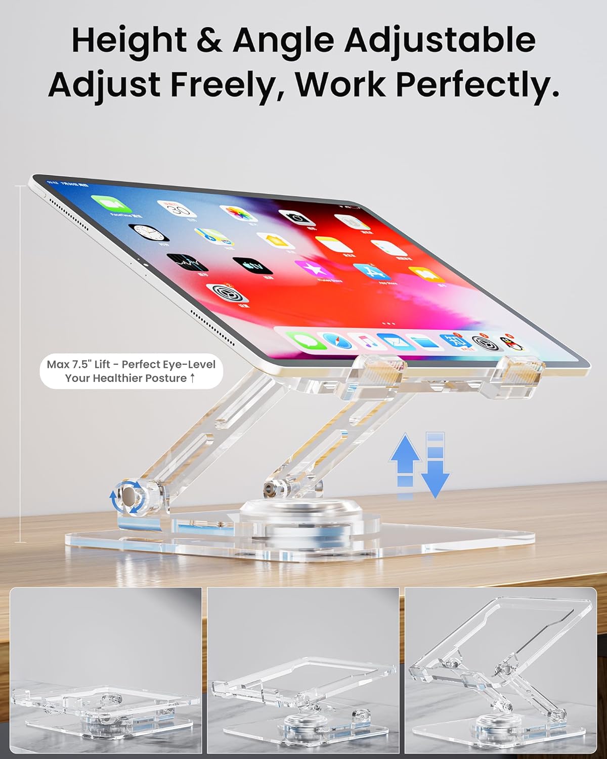 Laptop Stand for Desk - Adjustable, Foldable Clear Acrylic Riser with 360° Rotating Base, Ergonomic Laptop Holder for MacBook Pro/Air & 10-16” Notebooks