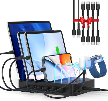 SooPii 90W Charging Station for Multiple Devices, 6 Port Multi USB C Charger Station with 6 Mixed Short Cables,PD 20W Charging Dock for lPhone,Galaxy,iPad,Tablet and More Electronic Devices