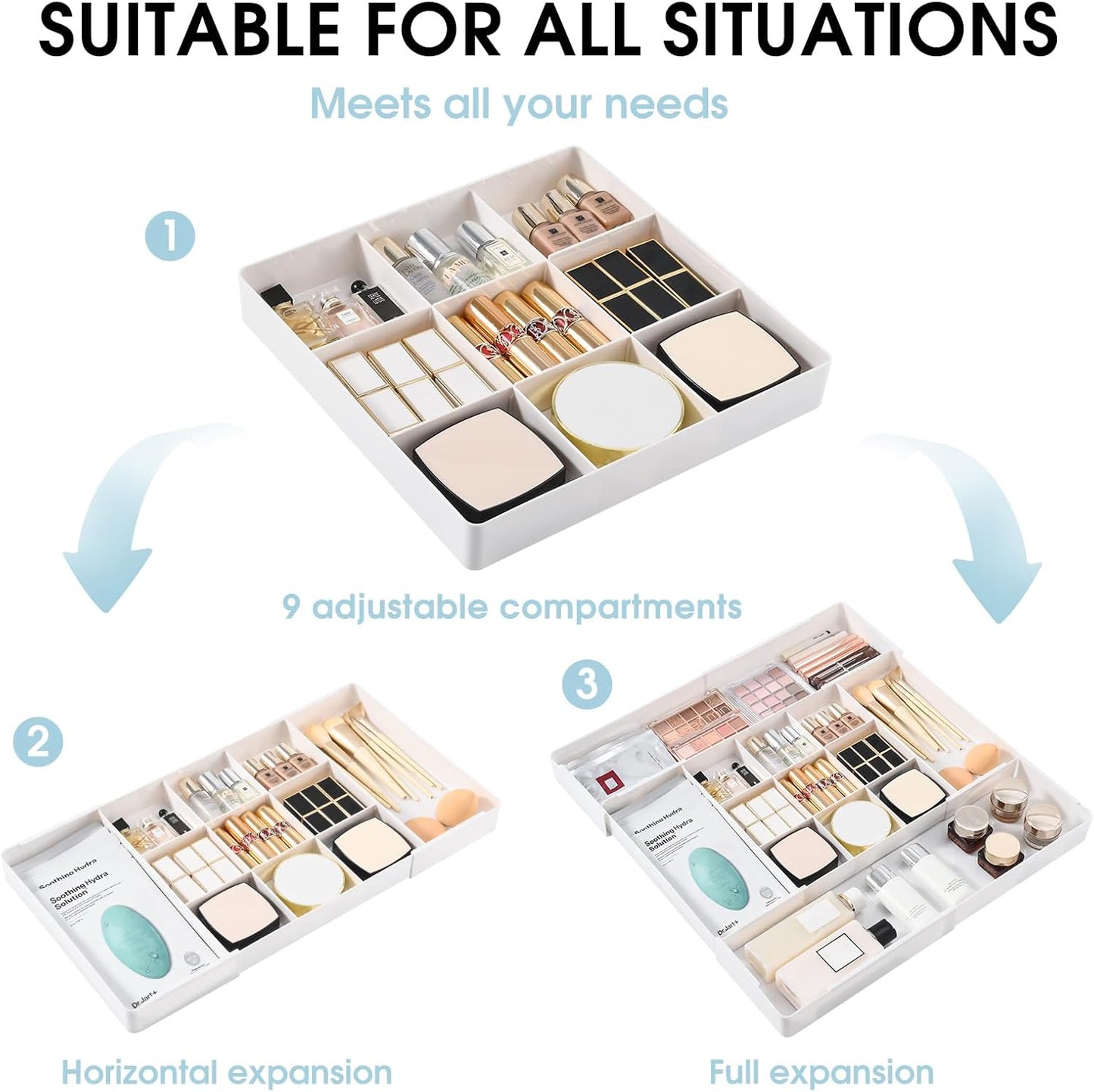 MIUOPUR Expandable Drawer Organizer, Width (10.6"-20.1") Depth (11"-20.1"), Clear Makeup Drawer Organizer with 6 Removable Dividers, Silverware Organizer, Great for kitchen and Bathroom Drawers
