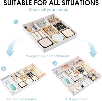 MIUOPUR Expandable Drawer Organizer, Width (10.6"-20.1") Depth (11"-20.1"), Clear Makeup Drawer Organizer with 6 Removable Dividers, Silverware Organizer, Great for kitchen and Bathroom Drawers